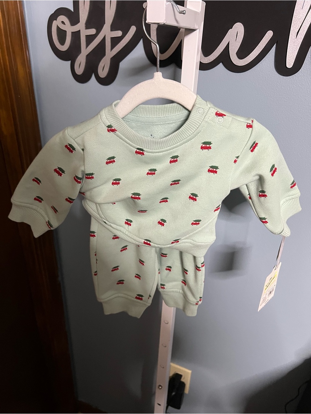 Cloud Island Mint Green Baby Shirt & Pants Set with Red Car Tree